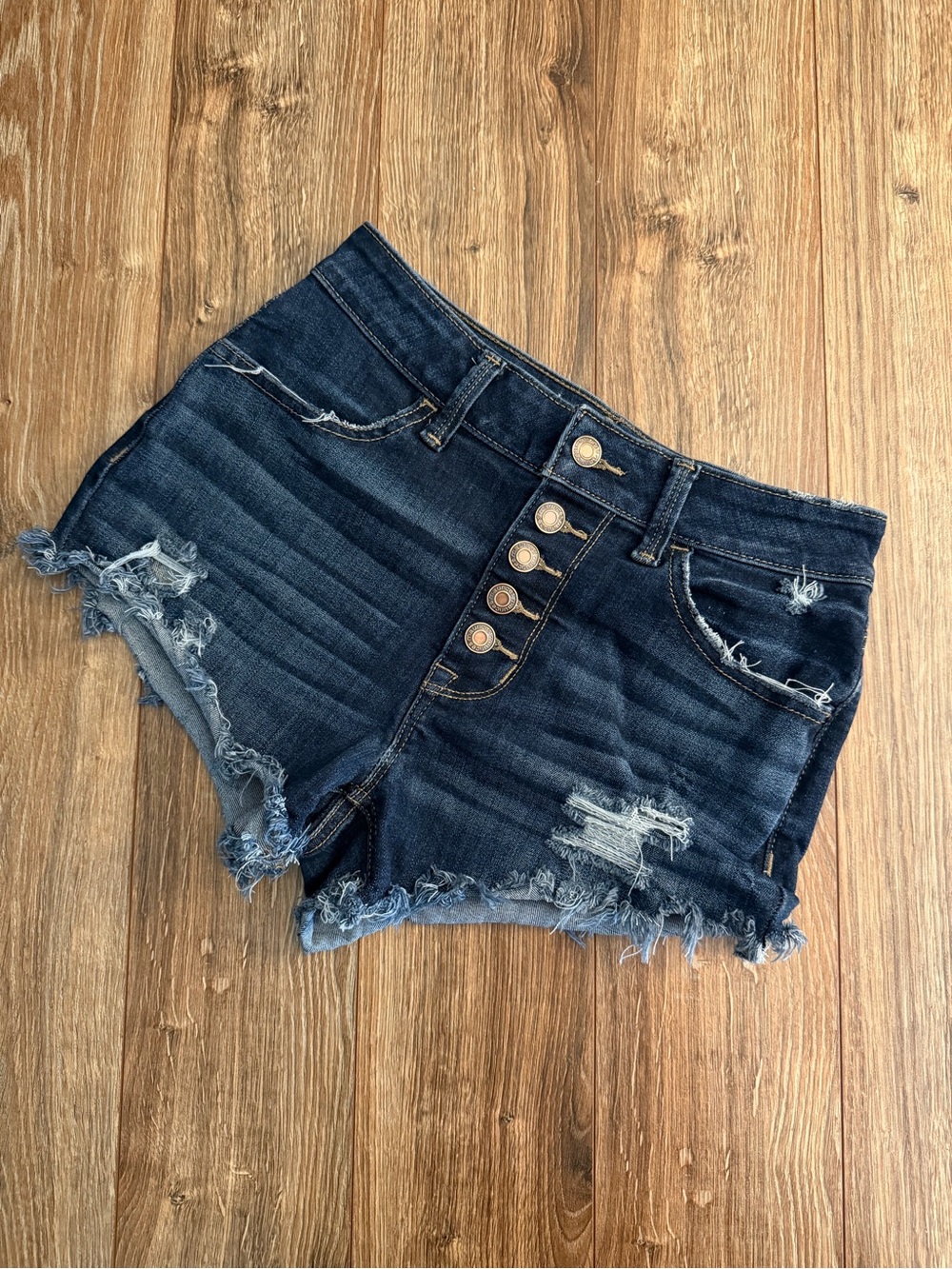 Maurices Dark Wash Frayed Hem Button-Fly Jean Shorts